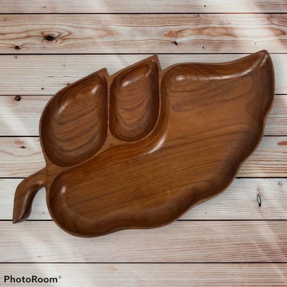 LARGE Monkey Pod Wood Leaf Vtg Platter Dish Carved Display Coin Holder Fruit - Picture 2 of 8